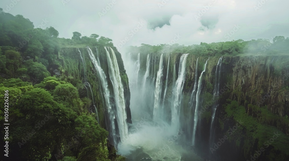 A captivating view of the majestic Victoria Falls with thundering waterfalls surrounded by lush green rainforests under a misty sky, powerful setting with lush greens, Waterfall style A captivating view of the majestic Victoria Falls with thundering waterfalls surrounded by lush green rainforests under a misty sky, powerful setting with lush greens, Waterfall style