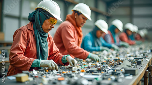 Factory workers in protective gear assembling electronic components on a production line. Teamwork and industrial precision in a modern manufacturing facility photo