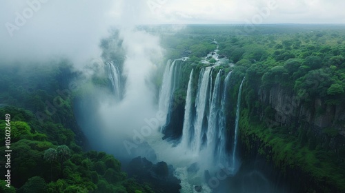 A captivating view of the majestic Victoria Falls with thundering waterfalls surrounded by lush green rainforests under a misty sky, powerful setting with lush greens, Waterfall style