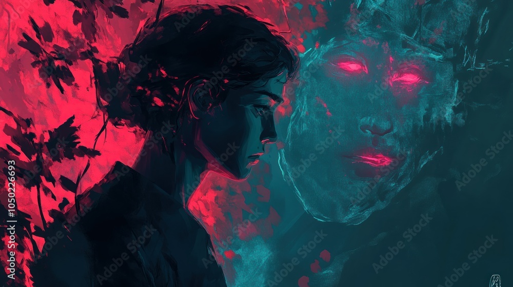 Obraz premium Mysterious Portrait of Person Facing Glowing Ethereal Visage