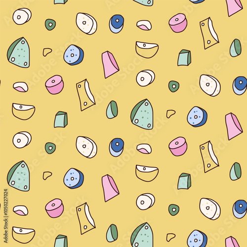 Climbing wall vibrant seamless pattern. Rock clambering park endless background. Indoor bouldering repeat cover. Vector hand drawn flat illustration.