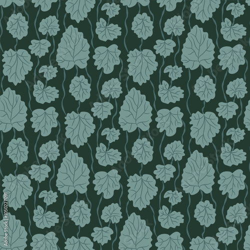 Stylized leaves with a dark green background seamless pattern. Vector hand drawn flat illustration.