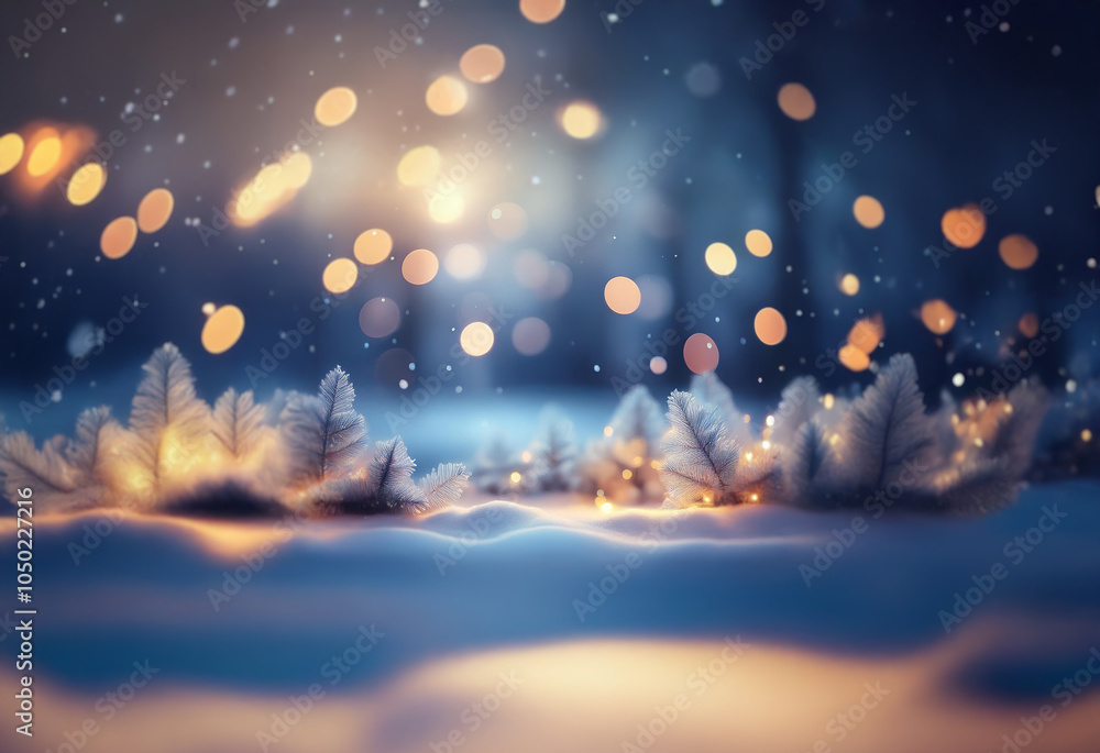 Fototapeta premium A snowy landscape with a warm glow from the bokeh lights in the distance and frost-covered branches in the foreground.
