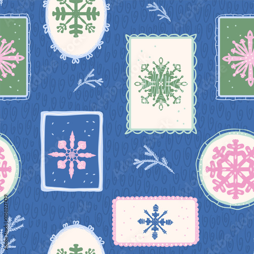 Snowflake in frames seamless pattern. Winter endless background. Christmas preppy repeat cover. Cold season holidays continuous ornament. Vector hand drawn illustration.