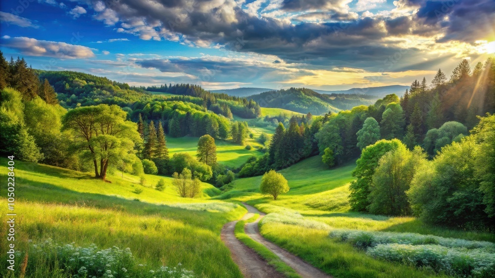 Obraz premium A Winding Path Through a Lush Green Valley Bathed in Golden Sunlight, With Rolling Hills and Sunbeams Piercing Through the Clouds