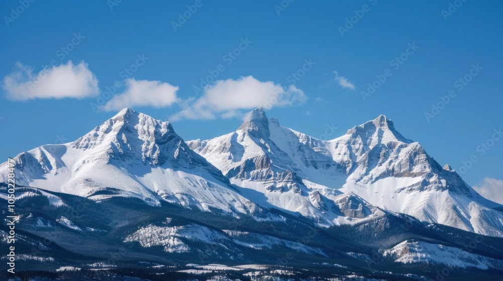 Obraz premium A captivating view of the Rocky Mountains in winter with snow-covered peaks and a clear, crisp sky, mountainous setting with wintry beauty