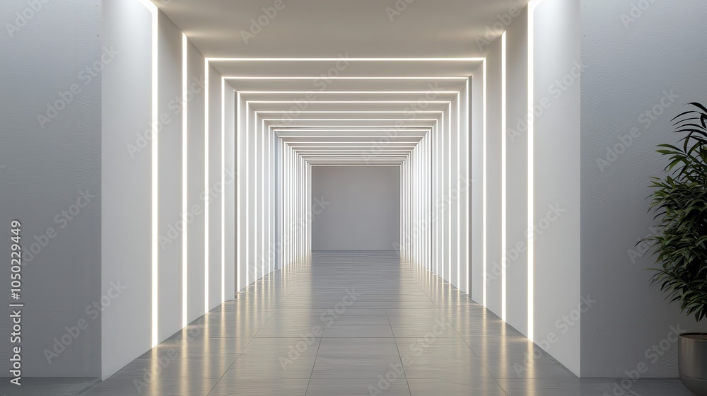 Fototapeta premium A minimalistic hallway featuring bright, linear lighting and a green plant, evoking a modern and serene atmosphere.