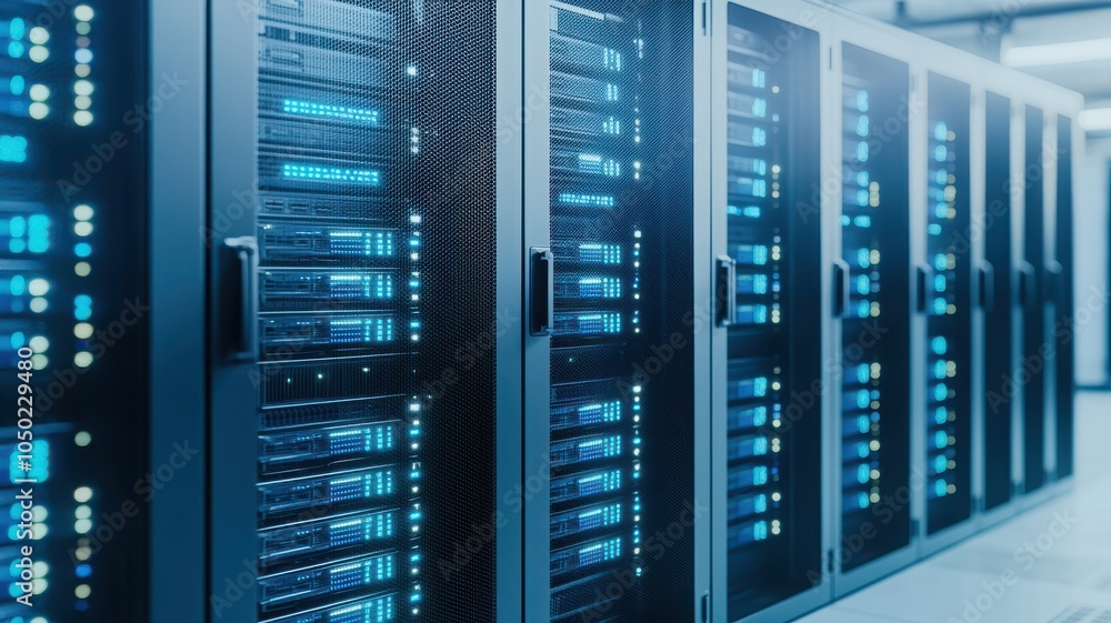Data center with modern server racks, illuminated with blue lights, isolated background. Data center with modern server racks, illuminated with blue lights, isolated background.