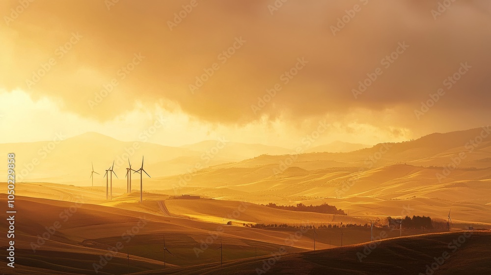 Fototapeta premium Wind Farm Turbines Rolling Hills During Golden Hour