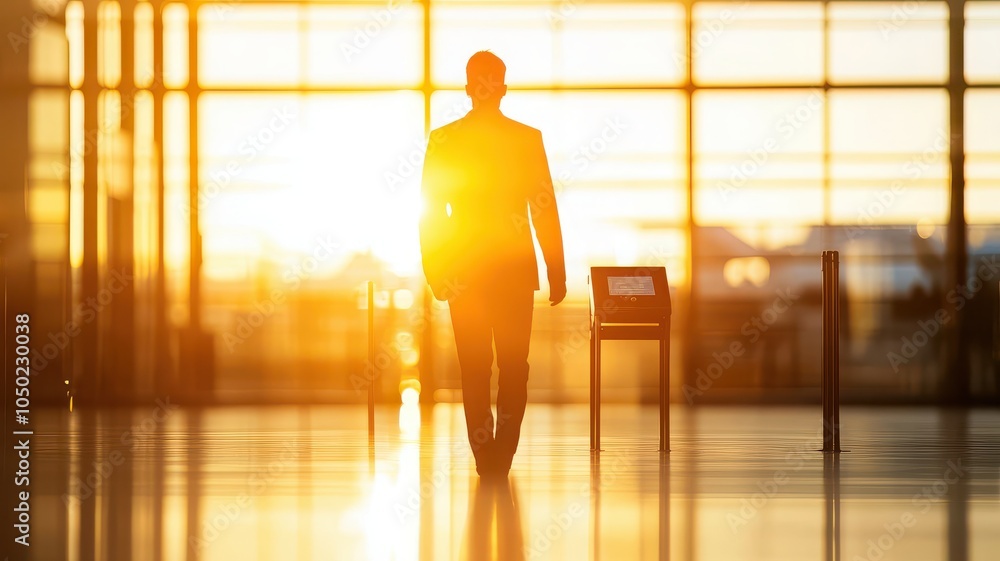 Fototapeta premium Businessman walking towards sunlight in modern airport terminal, silhouette view.