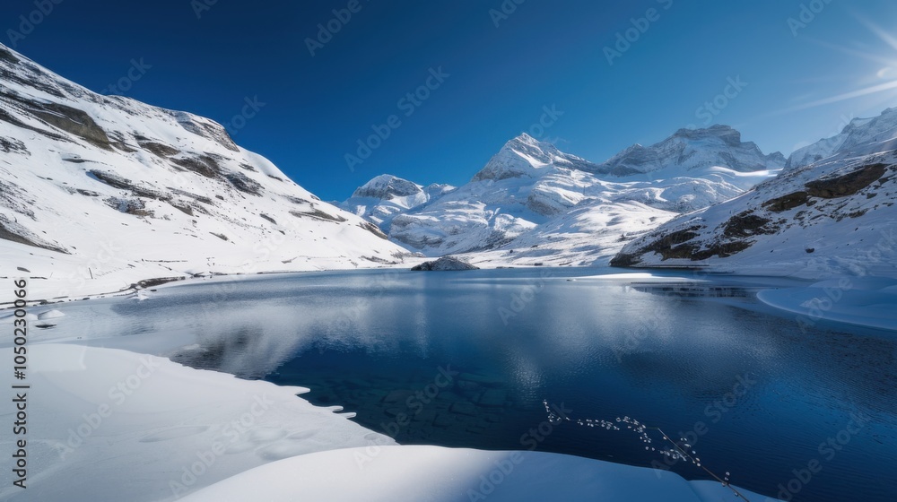 Obraz premium A captivating view of the snow-covered peaks and frozen lakes of the Swiss Alps with dramatic mountain scenery and clear, crisp skies, alpine setting with cool whites and blues