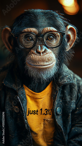 This delightful image showcases a relaxed and intelligent chimpanzee wearing stylish glasses and a cozy turtleneck sweater adorned with the phrase 