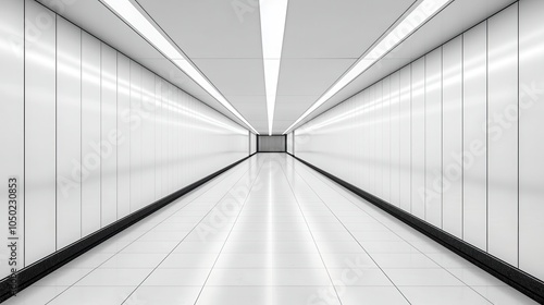 A minimalist, white corridor with sleek lighting creating a sense of depth and spaciousness, leading to a narrow entrance at the far end.