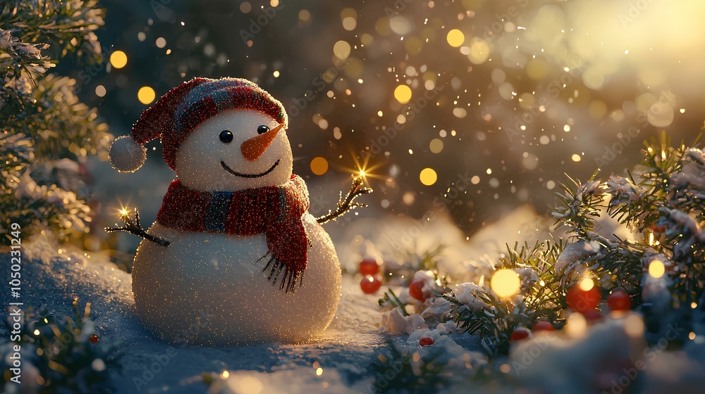Fototapeta premium Enchanting Snowman with Twinkling Lights in a Festive Winter Scene