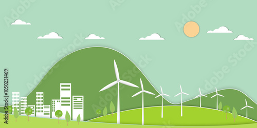 Green ecology city and alternative renewable energy.Paper art Vector illustration. ESG  environmental social  Concept