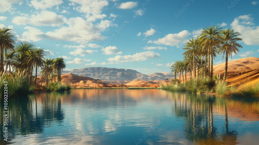 Enchanting Oasis Magically Appears in the Vast Desert Landscape Enchanting Oasis Magically Appears in the Vast Desert Landscape