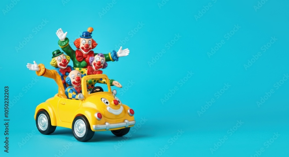 Fototapeta premium Four colorful clowns riding yellow toy car against blue background