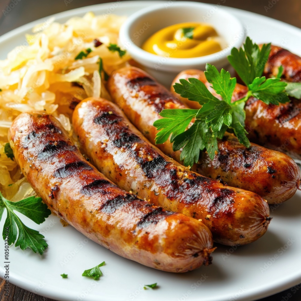 A plate of juicy grilled sausages with a side of sauerkraut and mustard, served on a simple white plate, Sausages slightly off-center with a few crumbs scattered A plate of juicy grilled sausages with a side of sauerkraut and mustard, served on a simple white plate, Sausages slightly off-center with a few crumbs scattered