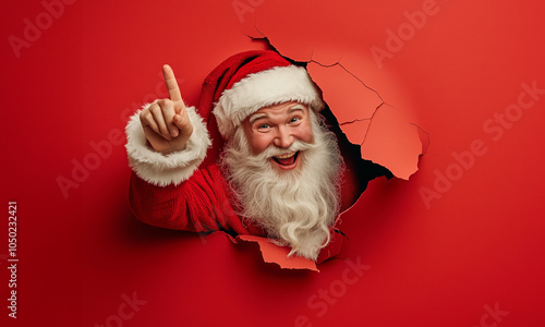Santa Claus steckt den Kopf durch ein Loch in einer roten Wand und zeigt mit dem Finger neben sich