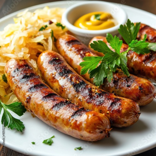 A plate of juicy grilled sausages with a side of sauerkraut and mustard, served on a simple white plate, Sausages slightly off-center with a few crumbs scattered