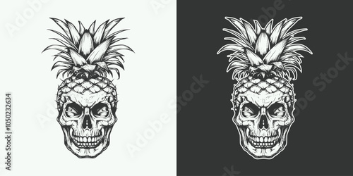 Vintage retro jand drawn engraving illustration of engraving skull with pineapple head decoration plant