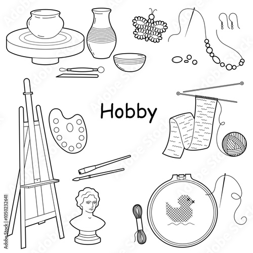 Hobbies and free time set. Pottery, drawing, knitting, needlework and beadwork. Outline illustration, isolated on white background, design elements