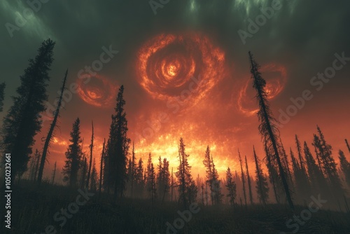 Dramatic sunset scene with fiery, swirling cloud formations over a dense forest, creating a surreal and intense visual in the darkened landscape. photo