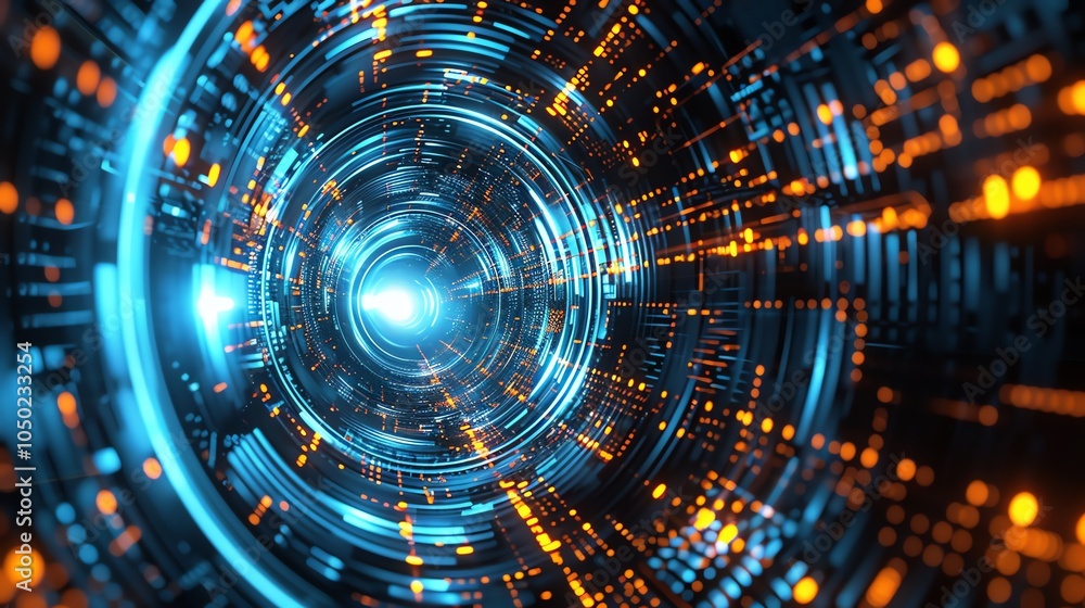 Obraz premium Abstract futuristic digital tunnel with glowing blue and orange lights.