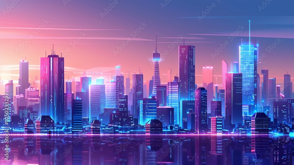 Fototapeta premium A futuristic city skyline with glowing neon lights.