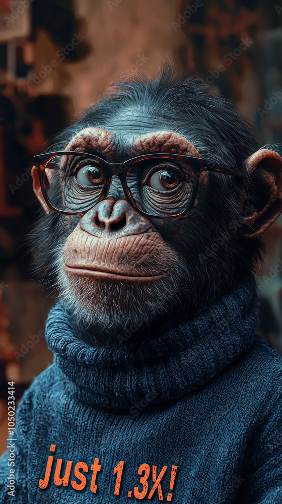 This delightful image showcases a relaxed and intelligent chimpanzee wearing stylish glasses and a cozy turtleneck sweater adorned with the phrase This delightful image showcases a relaxed and intelligent chimpanzee wearing stylish glasses and a cozy turtleneck sweater adorned with the phrase