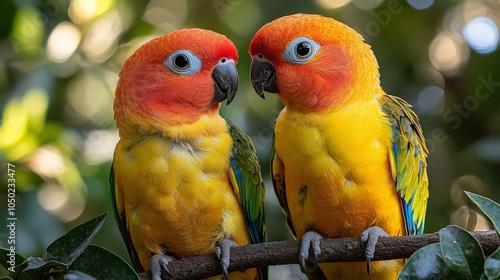 Two colorful parrots perched on a branch amidst lush greenery.