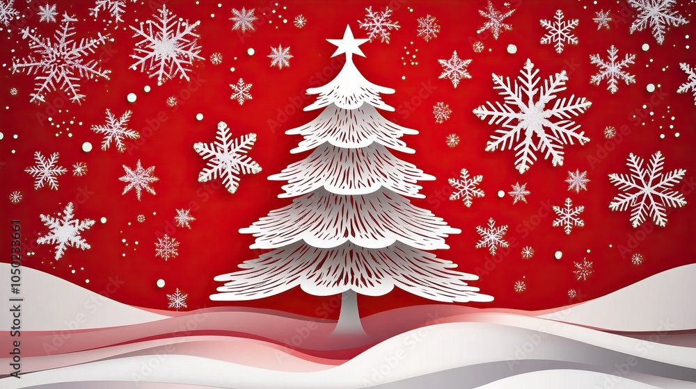 Paper cut christmas tree on background with snowflakes,Gretting card, Paper cut christmas tree on background with snowflakes,Gretting card,