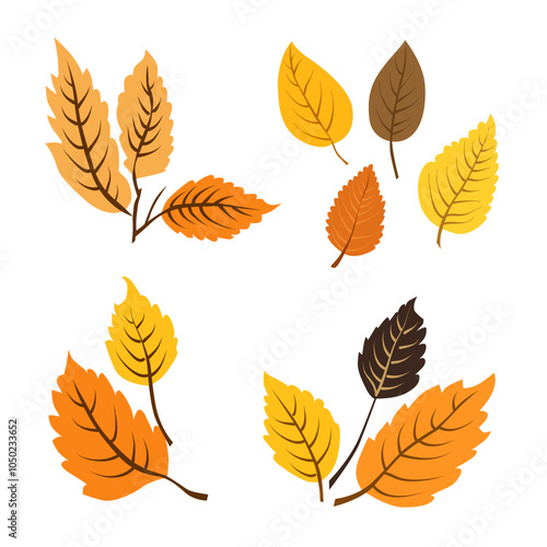 Set of vector autumn yellow dry leaves. Clipart is on white background. Isolated flat illustration with brown plants for design, greeting card, banner, board, flyer, sale, poster