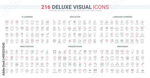Idea, imagination and work of human mind in learning, education, language study line icon set. Leader prize and audience recognition, presentation thin black and red outline symbol vector illustration