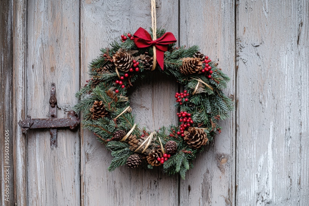 Rustic New Year's Wreath with Pinecones and Berries on Wooden Door for Festive Decor Rustic New Year's Wreath with Pinecones and Berries on Wooden Door for Festive Decor