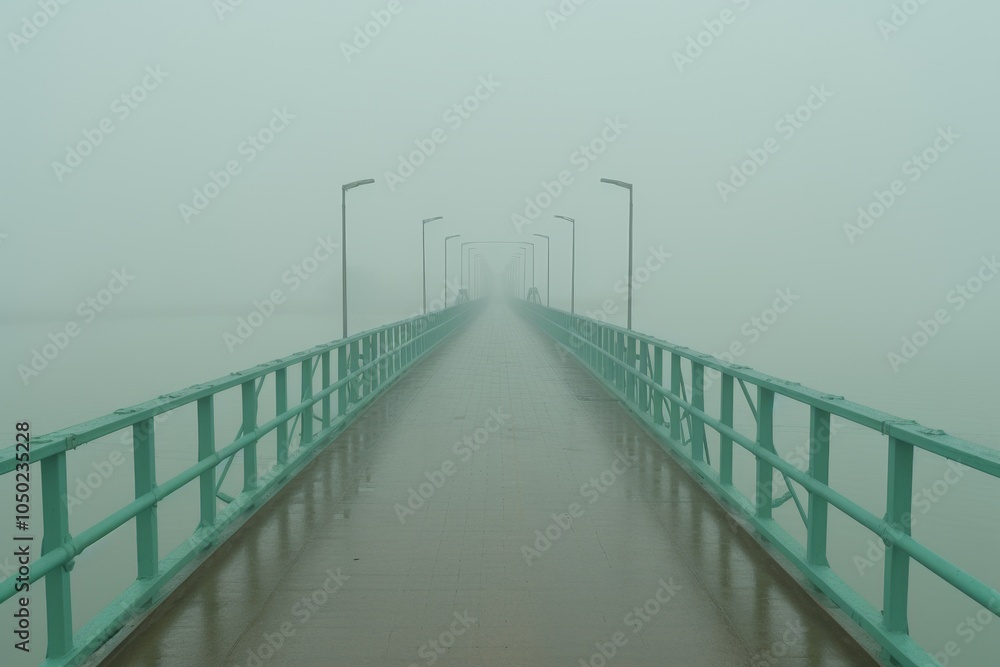 Fototapeta premium Pale green bridge with white road lines over turquoise water against a soft blue background