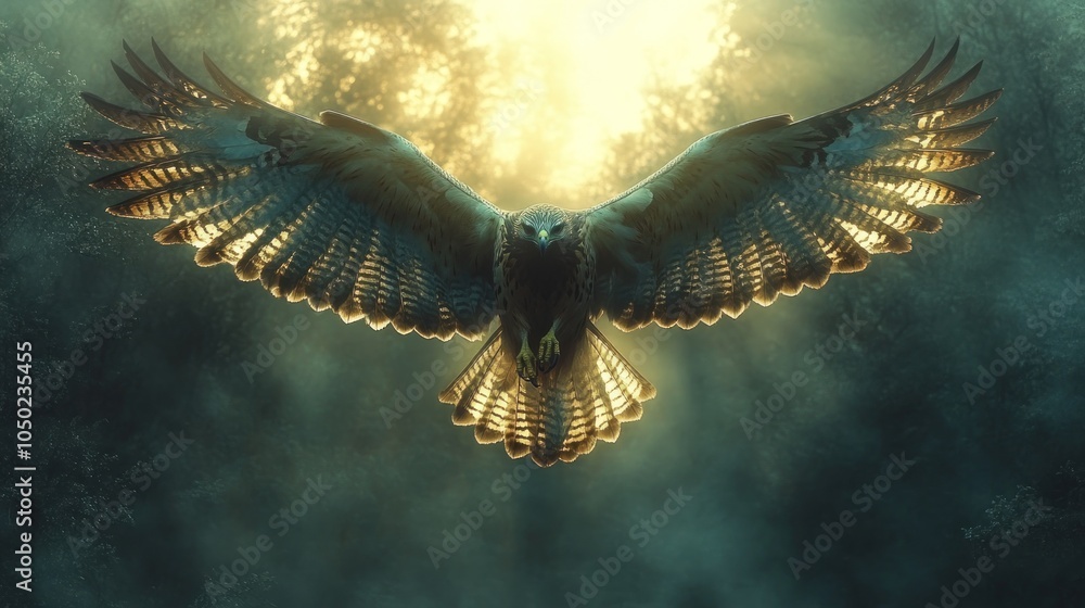 Fototapeta premium A majestic hawk soars through the air, its wings spread wide against a backdrop of golden sunlight filtering through the trees.