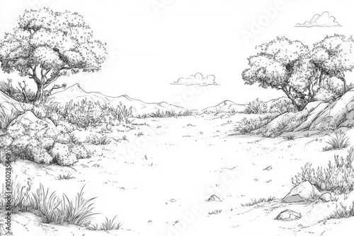 Illustration of a serene landscape with trees and rocks, line drawing style. photo