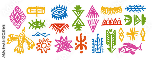 Tribal colorful pattern. African silhouette print. Ethnic border. Ancient tribe. Aztec and Mayan graphic. Mexican shapes. Mexico or Peru decorations. Inca texture. Navajo elements.