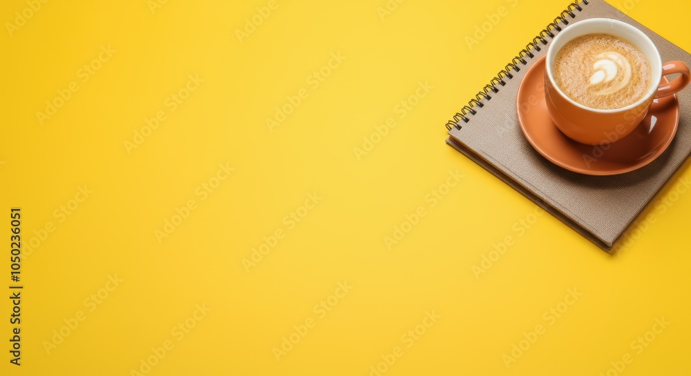 Cappuccino on notebook with yellow background Cappuccino on notebook with yellow background