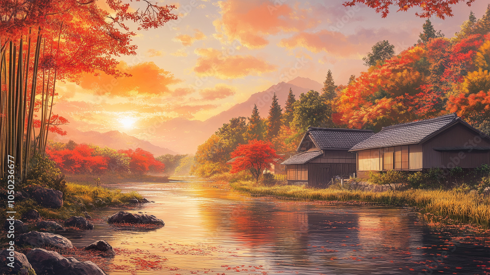 Fototapeta premium 秋の日本田舎と夕日の輝き