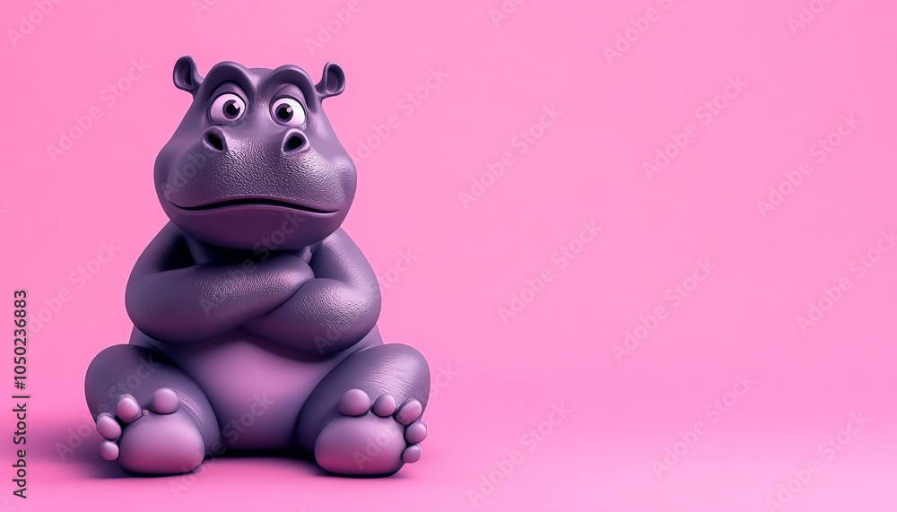 Fototapeta premium A snarky baby hippo sitting with crossed arms, vibrant 3D cartoon style, sarcastic expression, pastel background