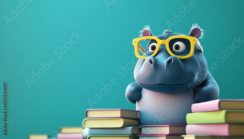 A snarky baby hippo standing on a pile of books, oversized glasses, vibrant 3D illustration, classroom background