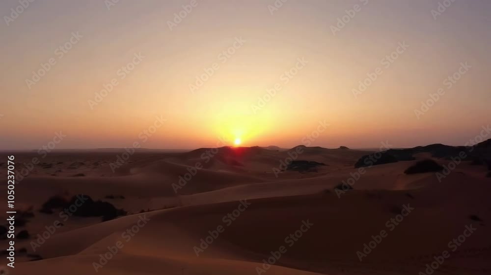 A tranquil desert sunset over vast sand dunes, showcasing serene colors and a peaceful atmosphere.