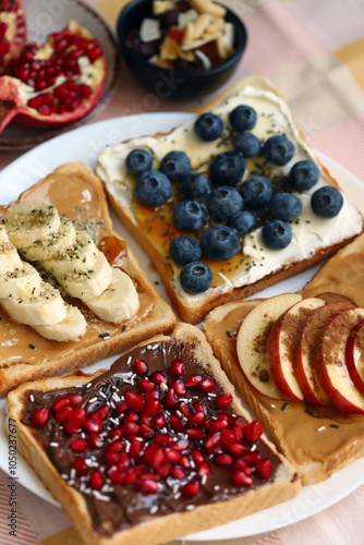 toast with chocolate peanut butter banana apple cinnamon blueberry and white cream cheese