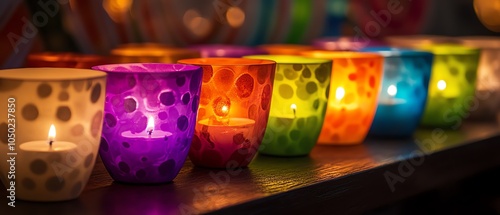 Closeup of glowing candles in a row, warm and serene, Festival of Lights tradition photo