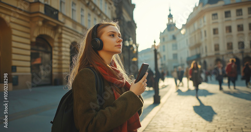 Jovem mulher usando fone de ouvido, ouvindo música do celular por meio de tecnologia sem fio no centro de Praga, Europa. photo