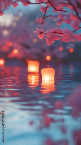 Floating lanterns reflecting in water, serene and peaceful Festival of Lights photo