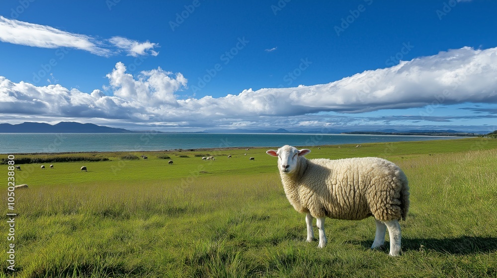 Fototapeta premium Stunning New Zealand Grasslands and Lake with Sheep Aerial View