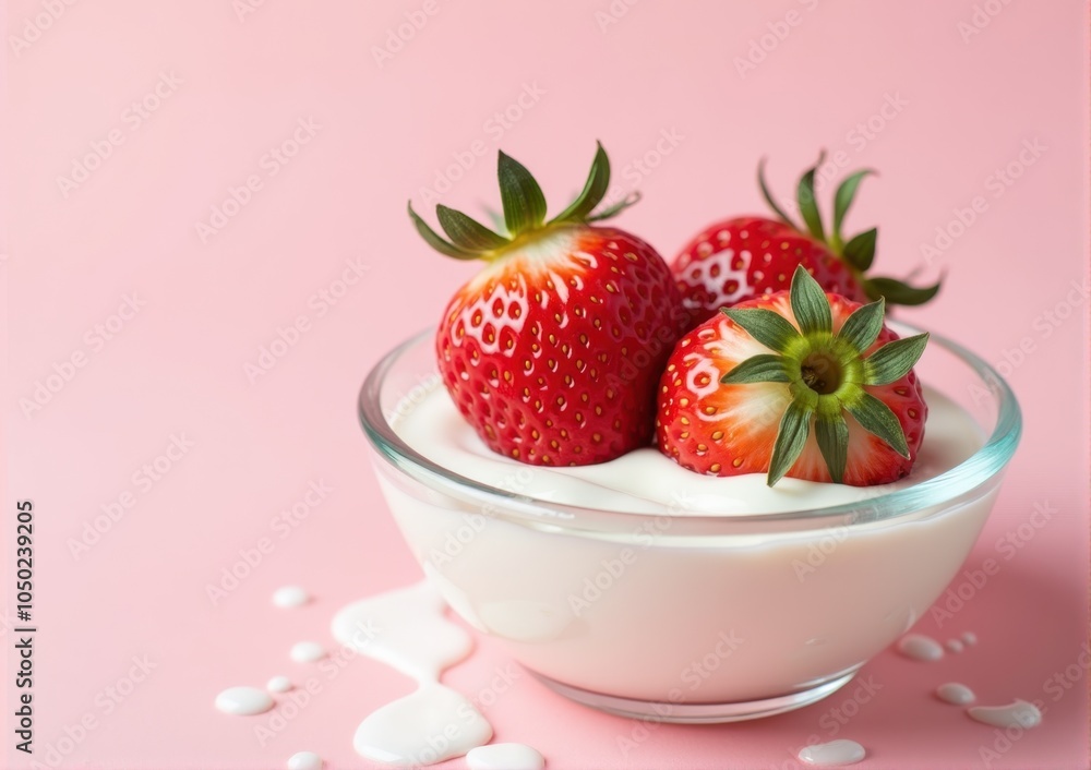 strawberry close-up in a glass saucer yogurt sour cream strawberry close-up in a glass saucer yogurt sour cream